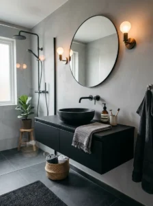 Matte black vanity against soft grey bathroom walls