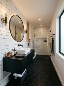 Matte black bathroom floor tiles paired with white walls