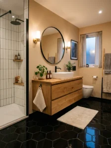Glossy black bathroom flooring paired with beige walls