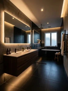 Black bathroom flooring highlighted with warm LED lighting