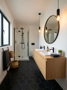 Black bathroom floor tiles paired with white walls