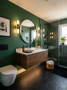 Black bathroom floor with fresh green walls