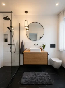 Black bathroom tiles paired with bright white walls