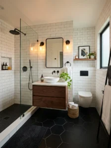 Black bathroom floor paired with white subway tile walls