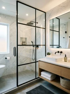 Matte black shower frame adding sleek lines to modern bathroom