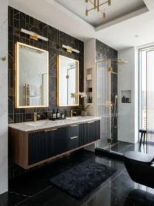 Black and gold patterned tile bathroom