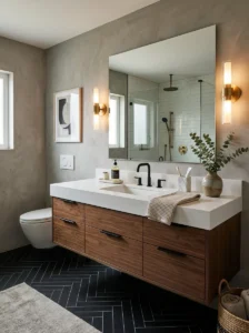 Black herringbone bathroom floor tiles in a modern space