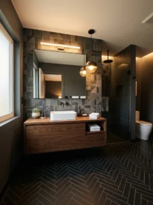 Black herringbone bathroom tile pattern in a modern interior