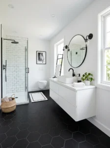 Black hexagon bathroom floor tiles adding texture and modern style