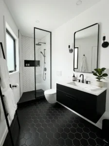 Black hexagon floor tiles adding texture and style to bathroom