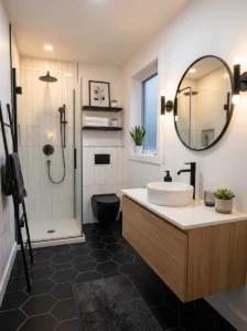 Black hexagon bathroom floor tiles paired with white walls