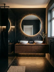 Black hexagon bathroom tiles highlighted with LED lighting