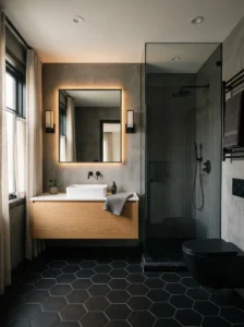 Black hexagon floor tiles in a modern bathroom
