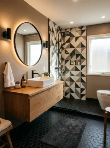 Black hexagon tiles in a stylish modern bathroom