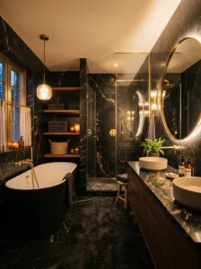 Black marble bathroom with soft lighting