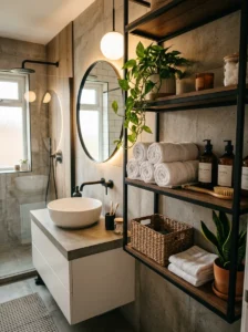 Bathroom with black fixtures and open shelving decor