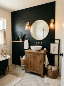 Black shiplap accent wall in a cozy modern bathroom