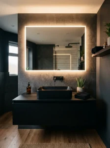 Black sink highlighted by warm LED mirror lighting in modern bathroom