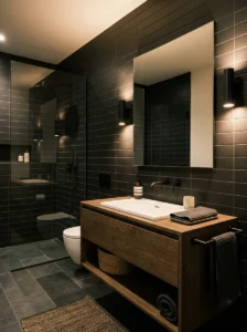Matte black subway tile walls in a modern bathroom