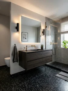 Black terrazzo bathroom tiles with modern minimalist decor