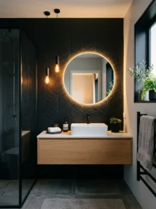 Textured black tile accent wall in a modern bathroom