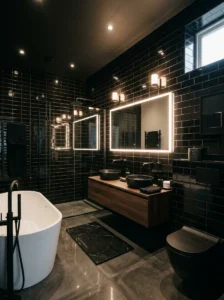 High-gloss black bathroom tiles creating a dramatic luxury effect