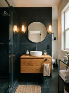 Black tile bathroom with wood vanity
