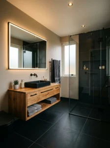 Matte black floor and shower tiles in a luxury bathroom