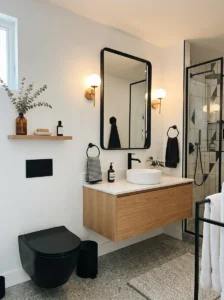 Matte black toilet paired with white bathroom walls
