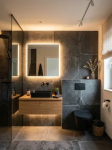 Black toilet highlighted with warm LED bathroom lighting