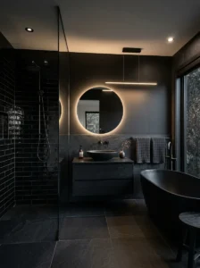 Monochrome black bathroom with layered textures and tones