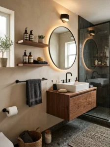Black towel bars combined with warm wood accents in modern bathroom