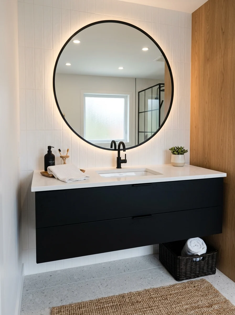 Modern bathroom with black vanity and clean minimal design