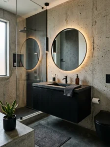 Black and concrete bathroom design with minimalist modern aesthetic