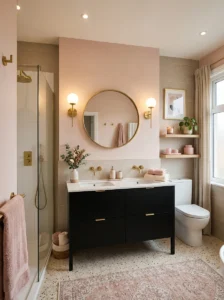 Black bathroom vanity styled with soft pink decor