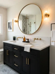 Matte black bathroom vanity with gold hardware and white countertop