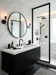 Modern black and white bathroom with marble details and matte black fixtures