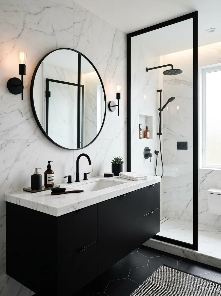 Modern black and white bathroom with marble details and matte black fixtures