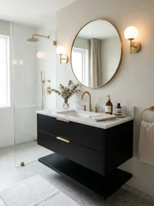 Matte black vanity with white marble countertops in a bathroom