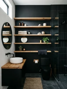 Black wall bathroom with wood shelves