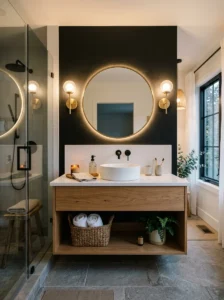 Black accent wall paired with a natural wood bathroom vanity