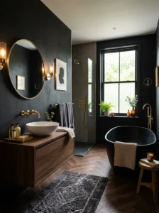 Black wall bathroom with gold decor