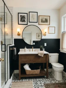 Half black painted bathroom wall with white upper section