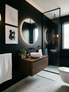 White artwork standing out against black bathroom walls