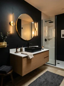 Matte black bathroom walls with warm lighting creating a calm modern space