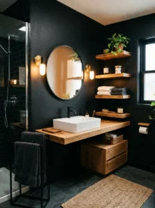 Black wall bathroom with brown wooden accents