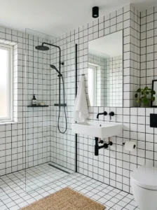 Minimal grid black and white tile bathroom