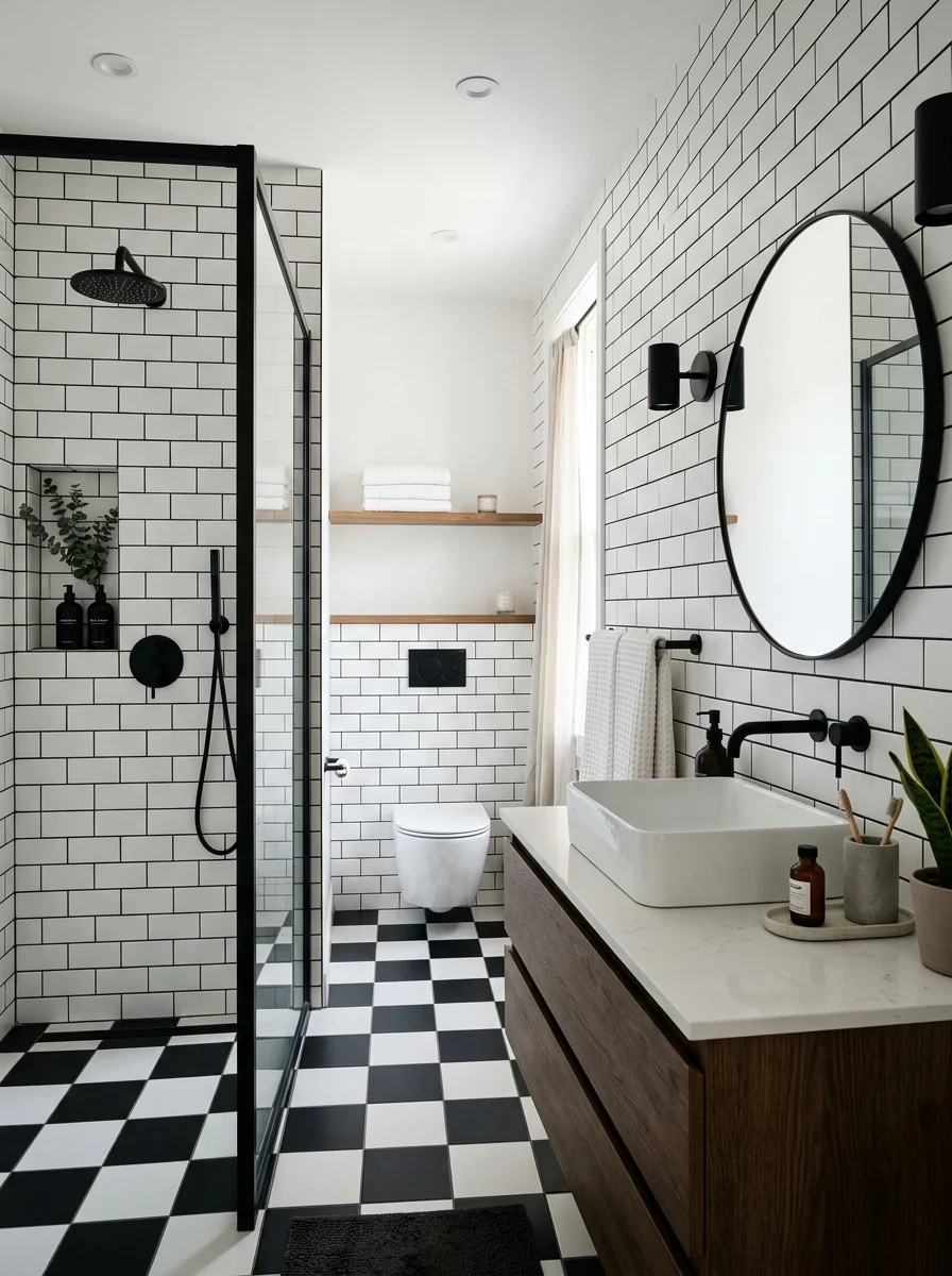 Black and white tile bathroom with checkerboard floor and modern design