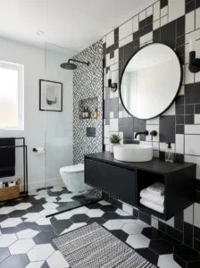 Mixed tile size black and white bathroom design