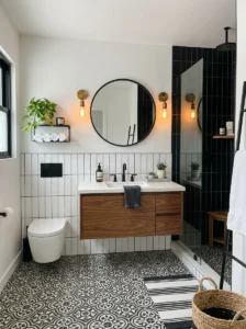 Black and white tile design in a modern bathroom